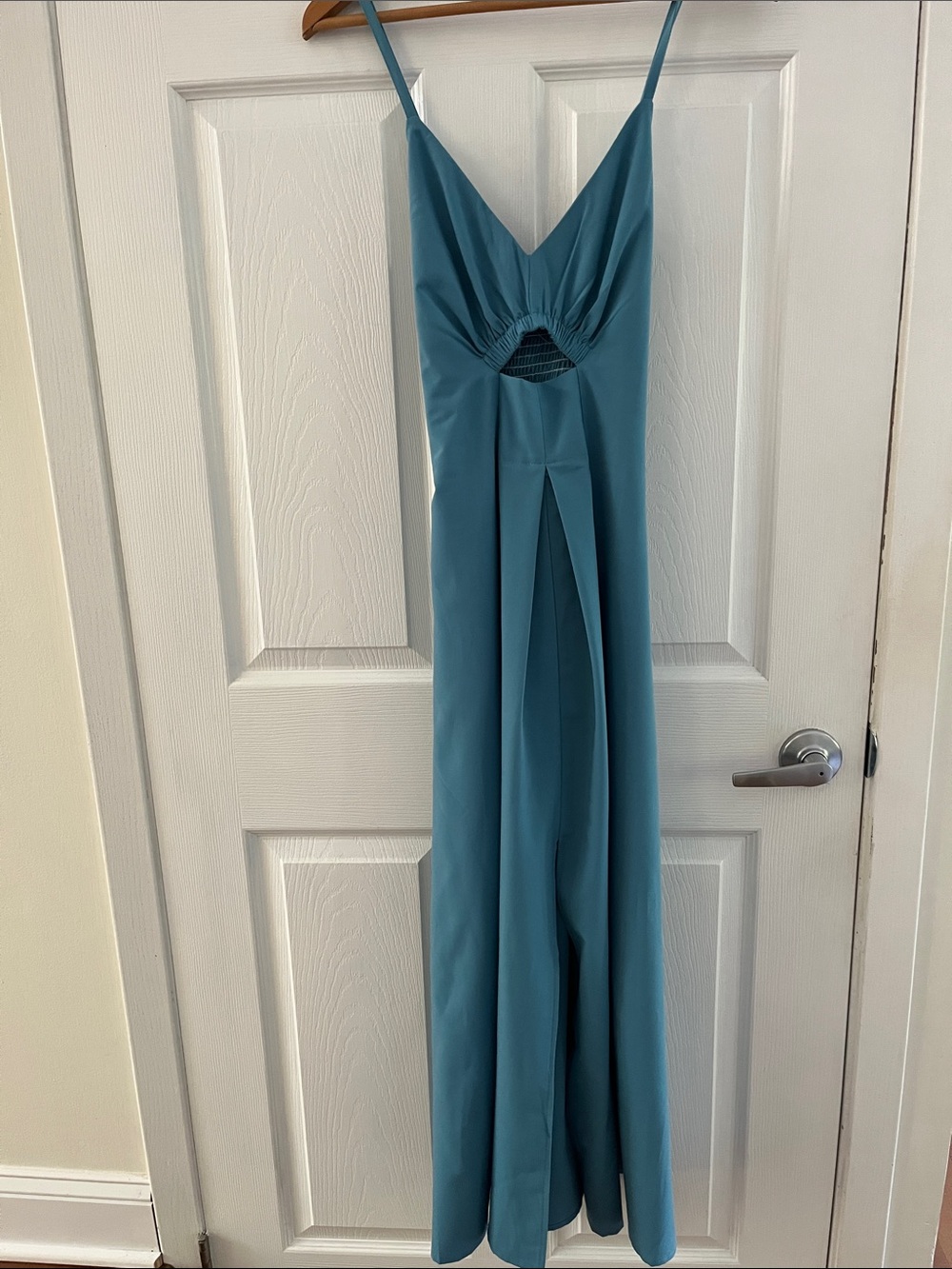 Teal Blue Spaghetti-Strap Midi Dress with Front Cutout - Picture 2 of 4